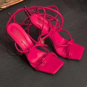 So Me Pink Strappy Lace Up Heels  Square-Toe